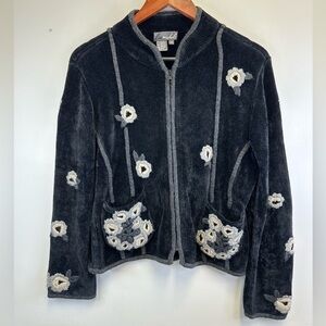 Lisa Nichols Vintage Black Knit Zip Up Floral Cardigan Sweater Women Size Small
